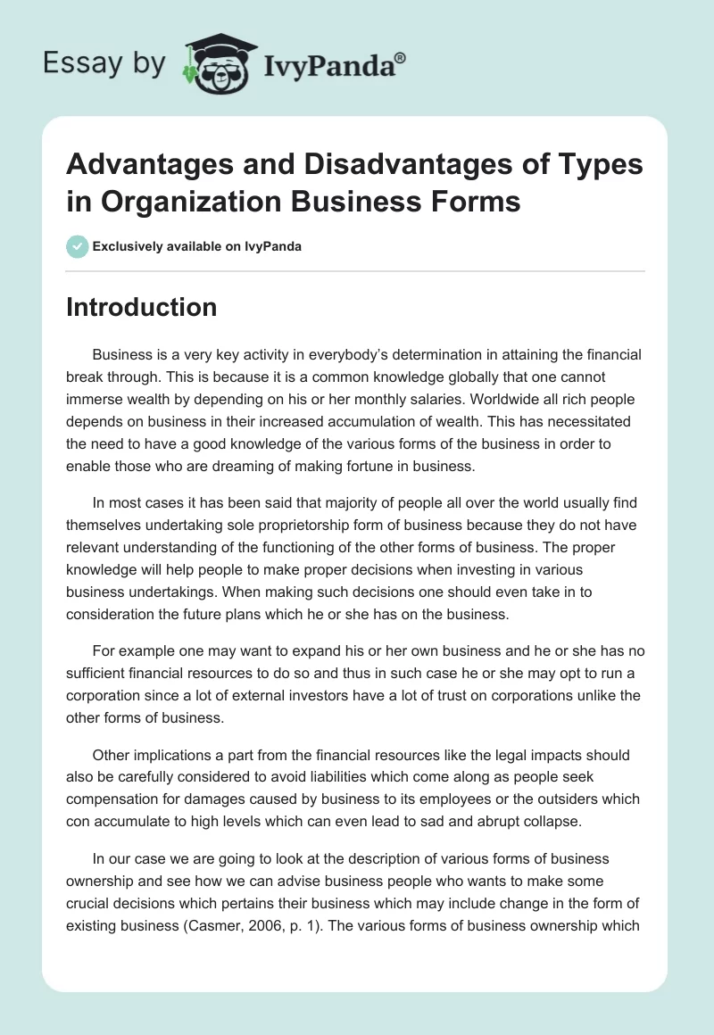 Advantages and Disadvantages of Types in Organization Business Forms. Page 1