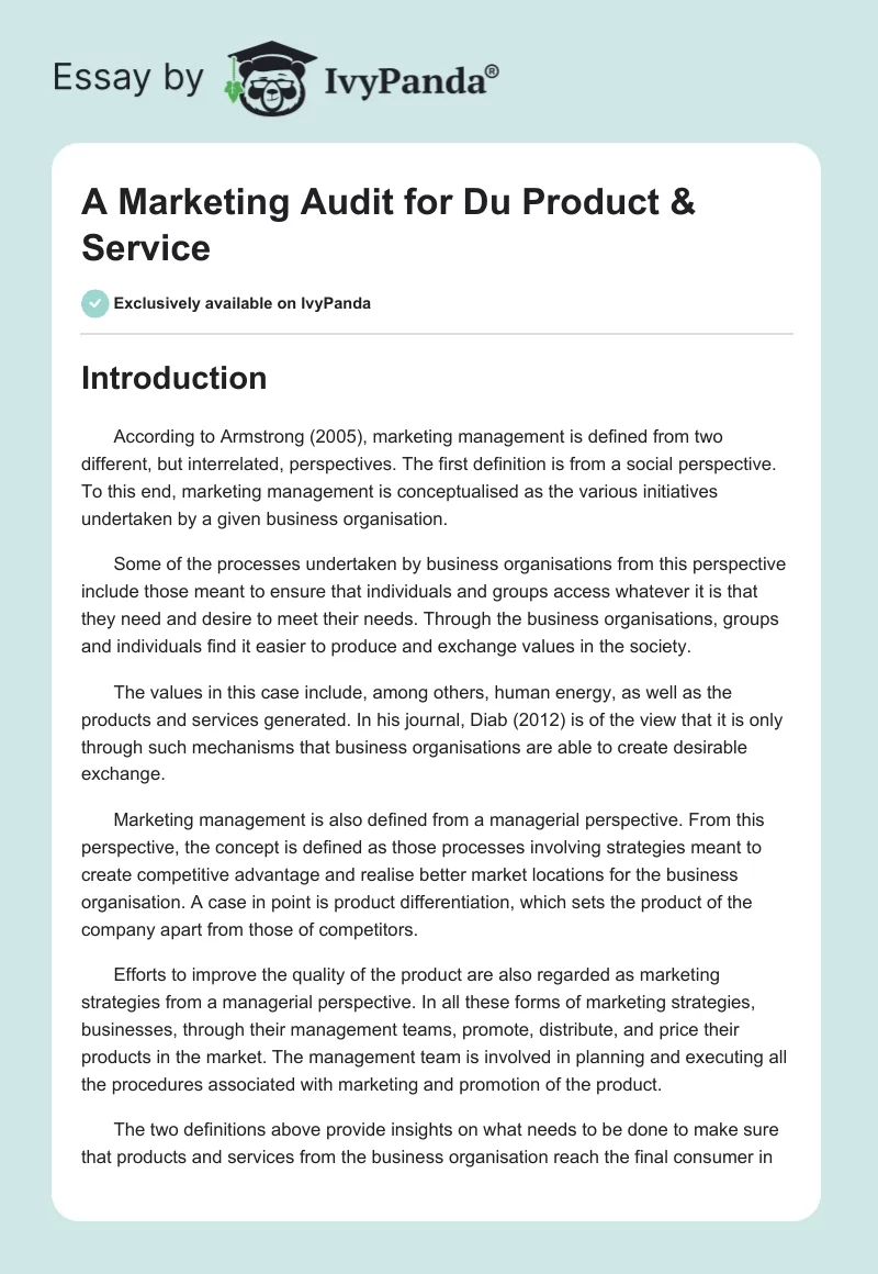 A Marketing Audit for Du Product & Service. Page 1