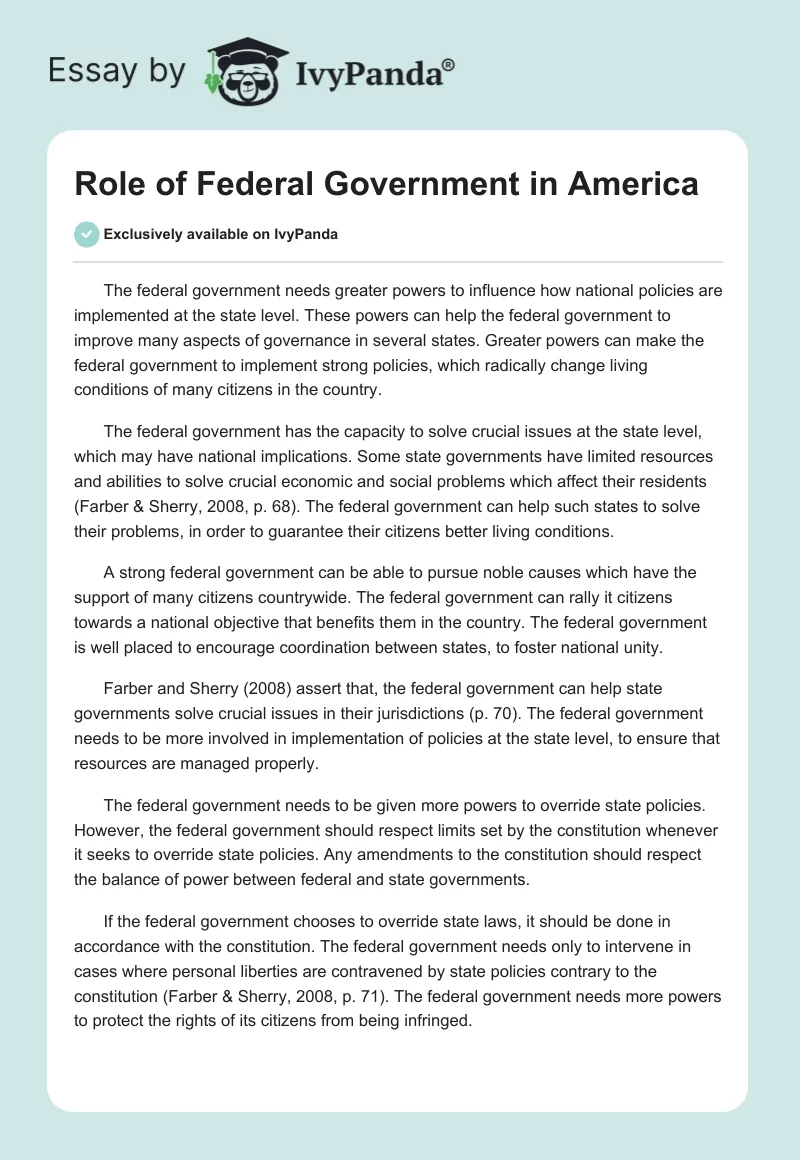 Role of Federal Government in America. Page 1