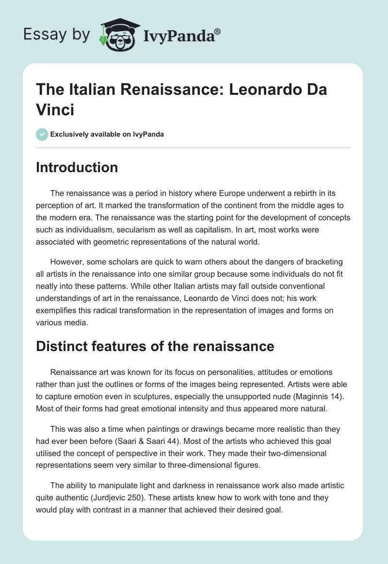 The Italian Renaissance: Leonardo Da Vinci. Page 1