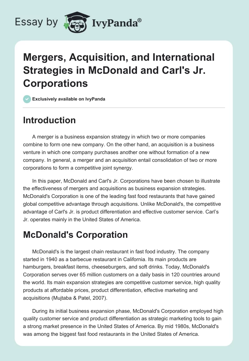 Mergers, Acquisition, and International Strategies in McDonald and Carl's Jr. Corporations. Page 1