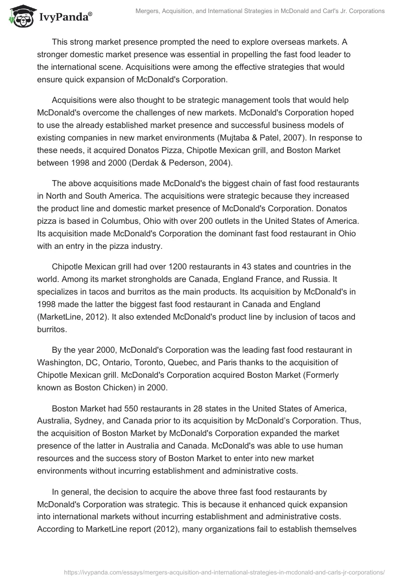 Mergers, Acquisition, and International Strategies in McDonald and Carl's Jr. Corporations. Page 2
