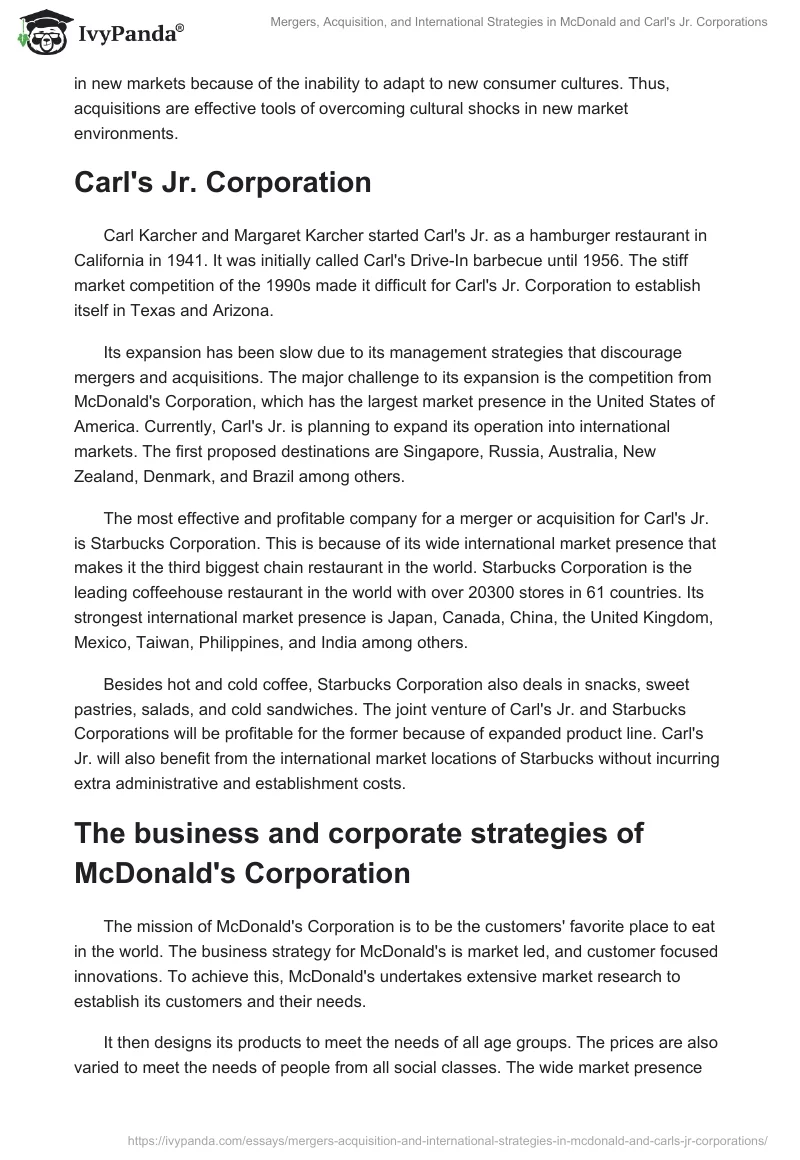 Mergers, Acquisition, and International Strategies in McDonald and Carl's Jr. Corporations. Page 3