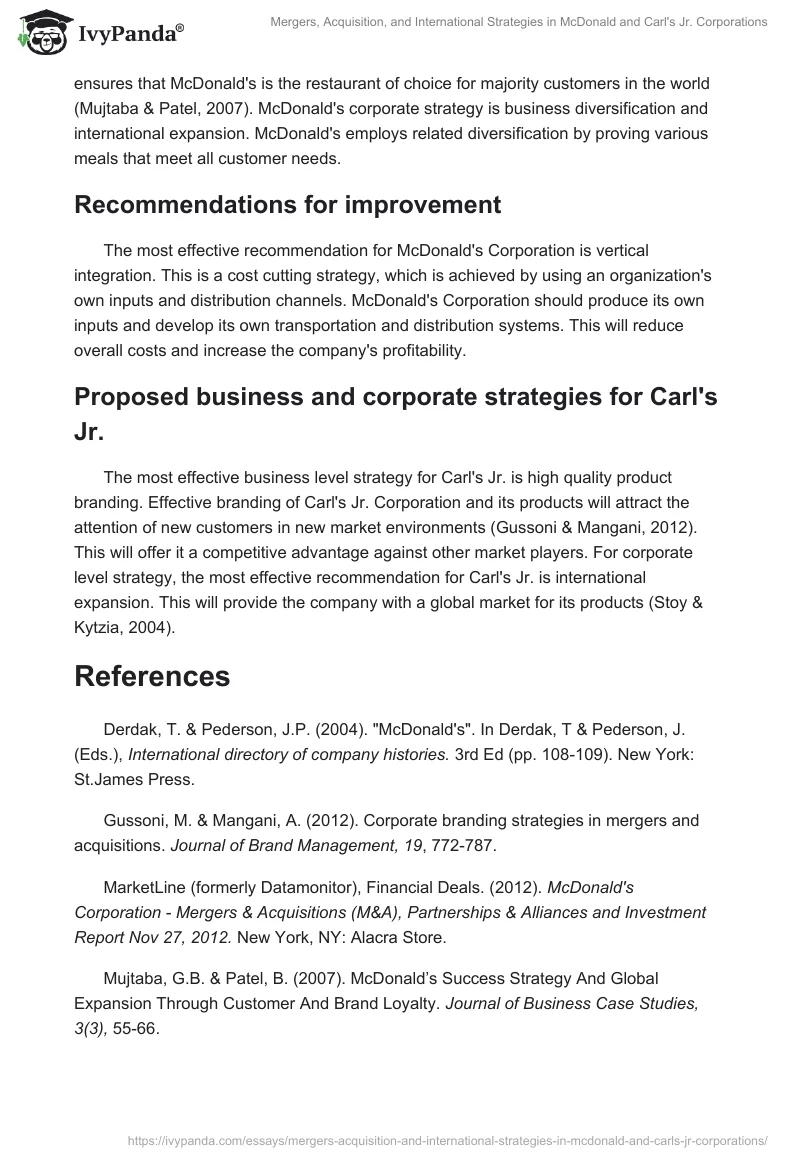 Mergers, Acquisition, and International Strategies in McDonald and Carl's Jr. Corporations. Page 4