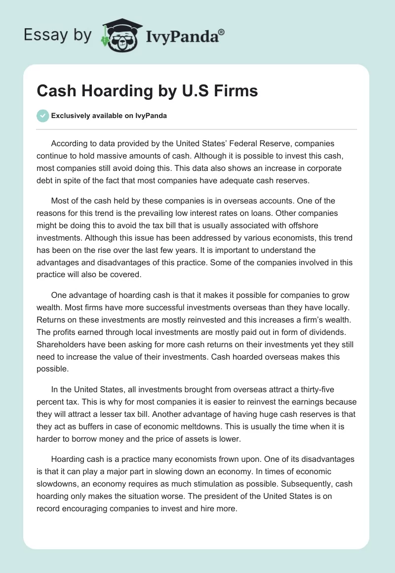 Cash Hoarding by U.S Firms. Page 1