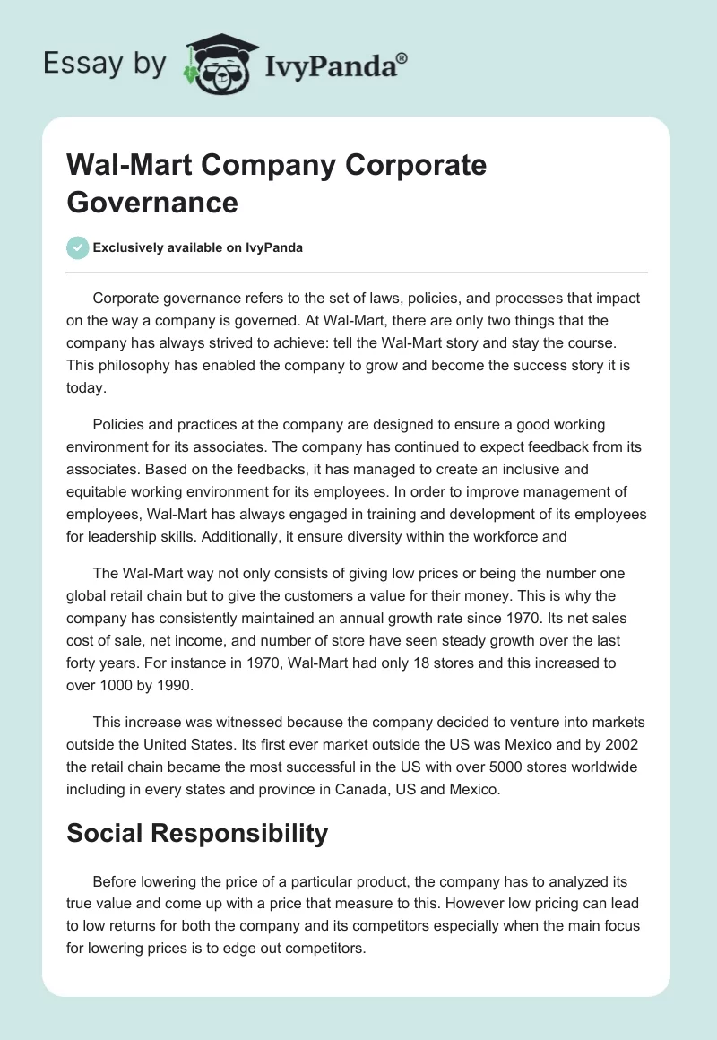 Wal-Mart Company Corporate Governance. Page 1