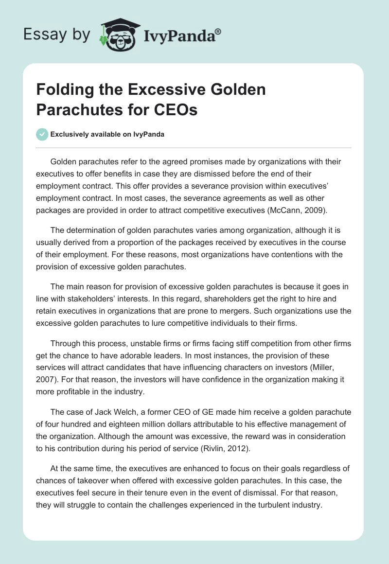 Folding the Excessive Golden Parachutes for CEOs. Page 1