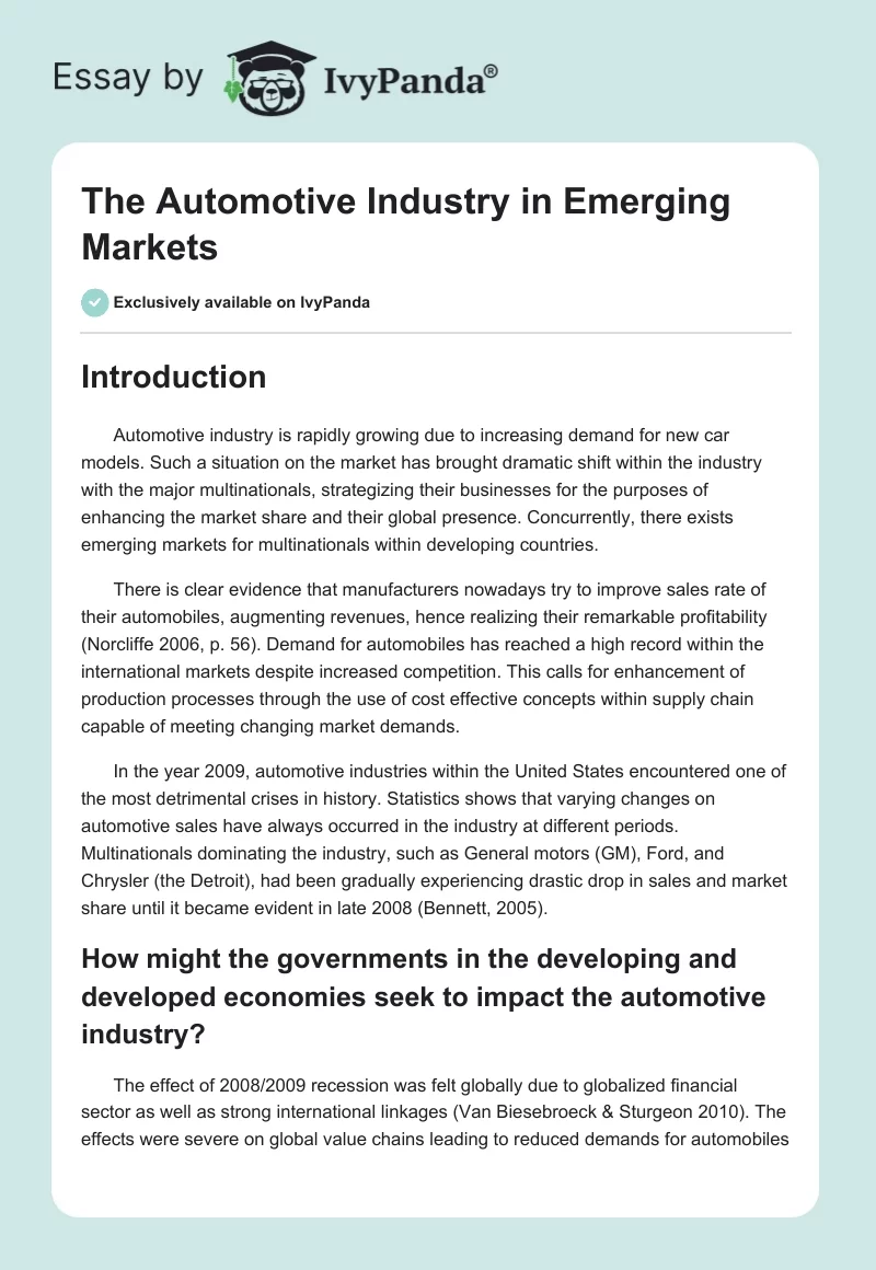 The Automotive Industry in Emerging Markets. Page 1