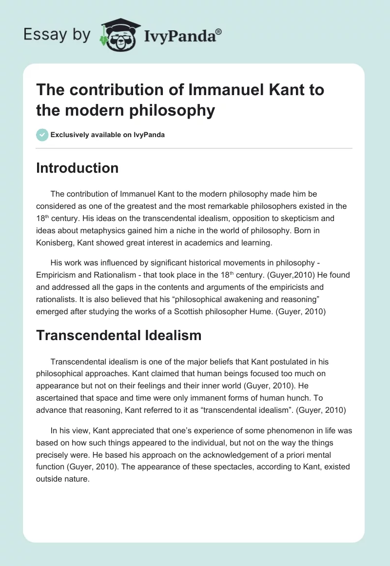 The contribution of Immanuel Kant to the modern philosophy. Page 1