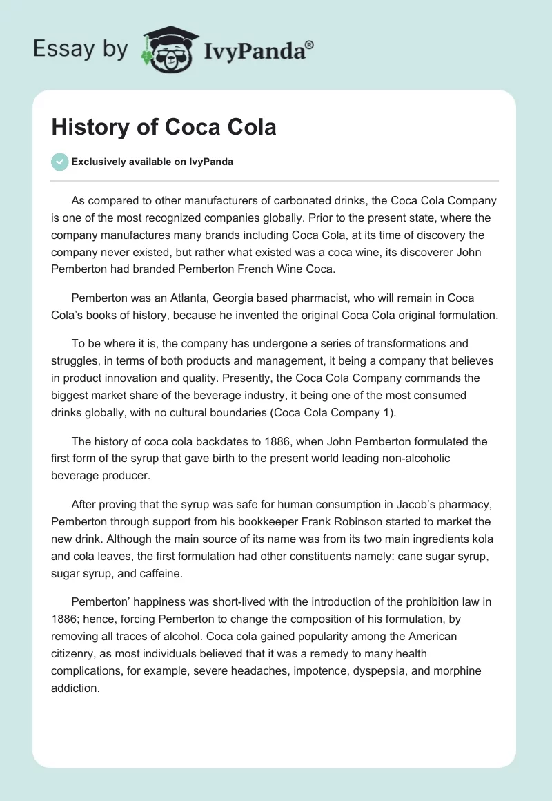 History of Coca Cola. Page 1
