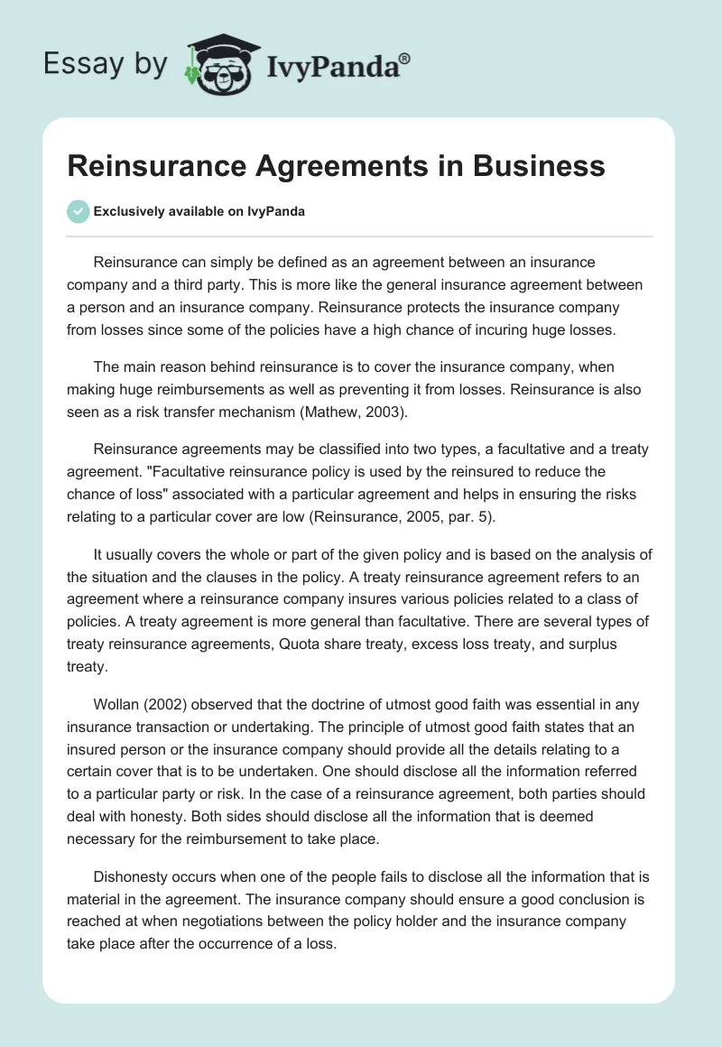 Reinsurance Agreements in Business. Page 1