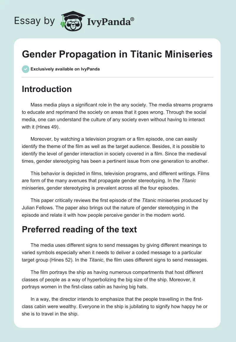 Gender Propagation in Titanic Miniseries. Page 1