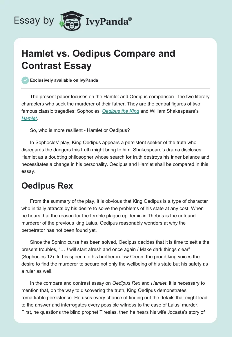 Hamlet vs. Oedipus Compare and Contrast Essay. Page 1