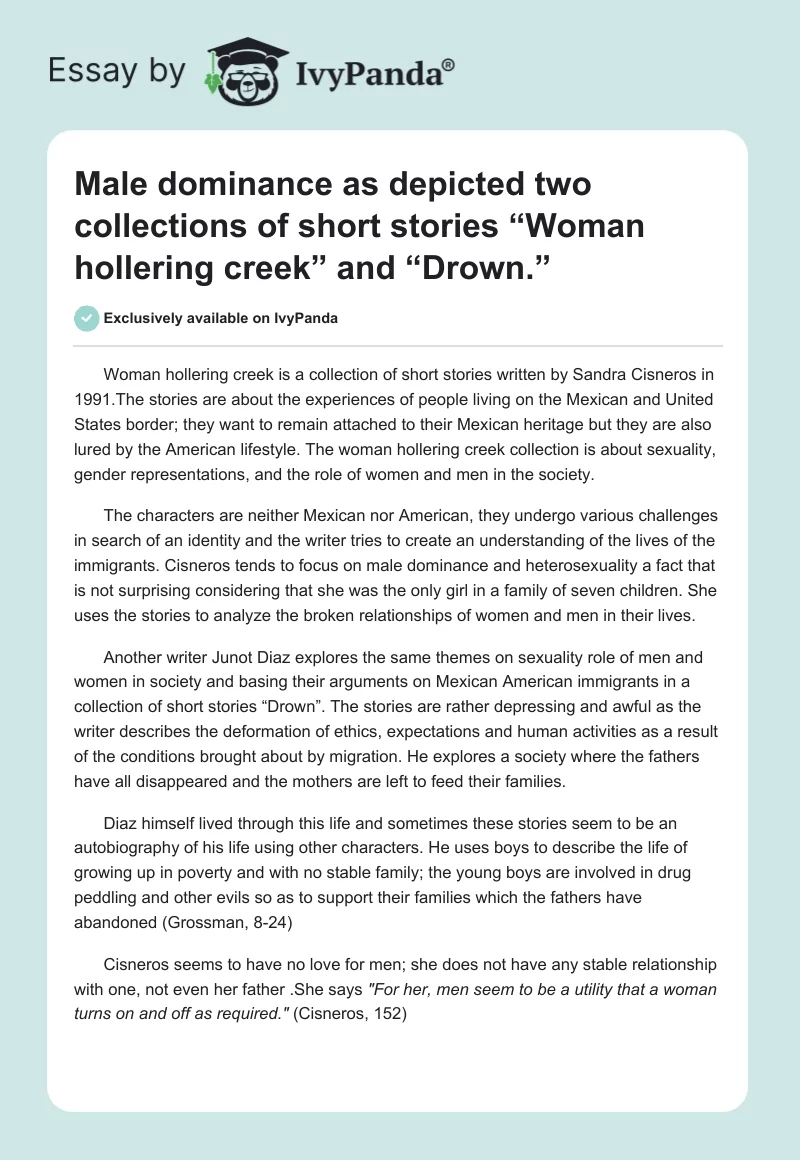 Male dominance as depicted two collections of short stories “Woman hollering creek” and “Drown.”. Page 1
