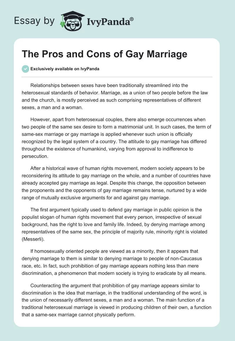 The Pros and Cons of Gay Marriage. Page 1