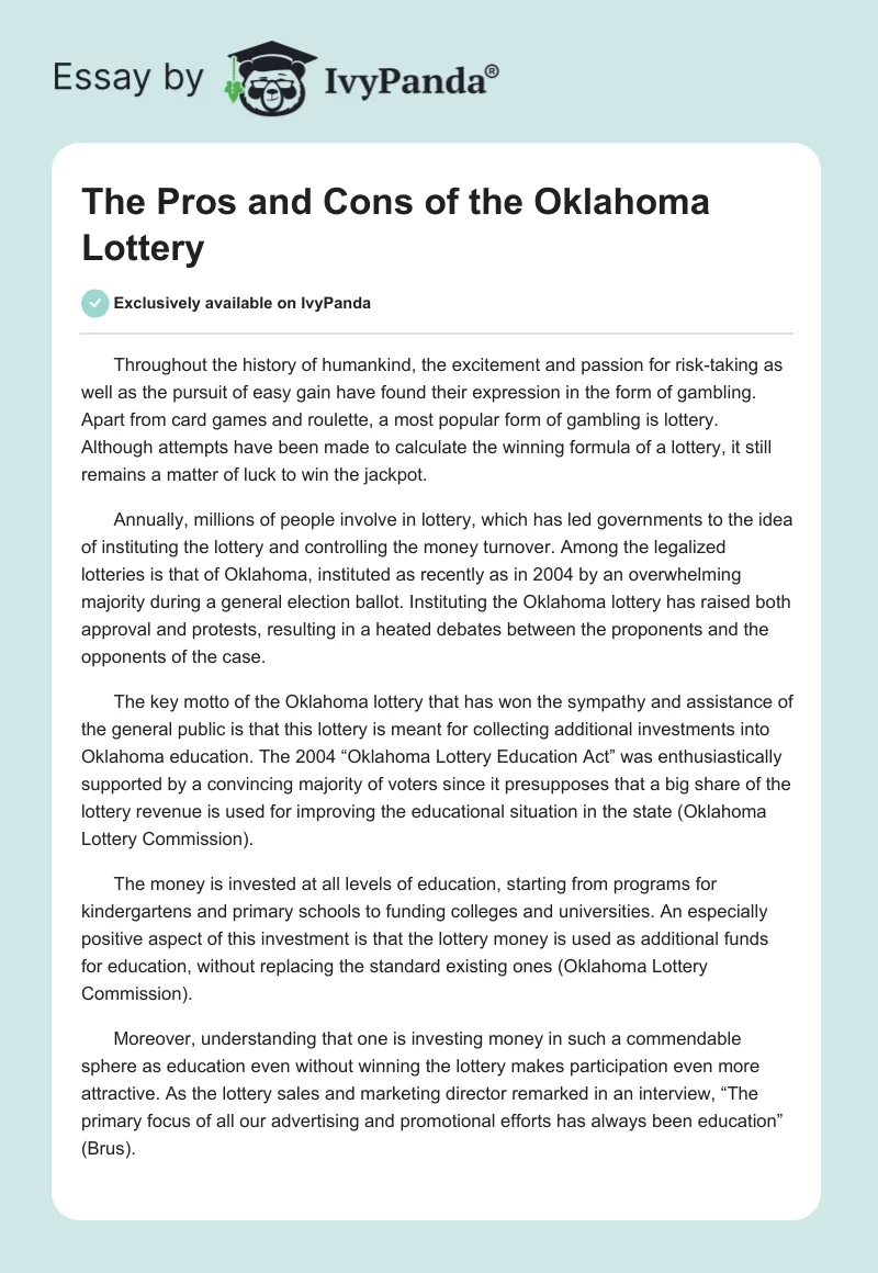 The Pros and Cons of the Oklahoma Lottery. Page 1