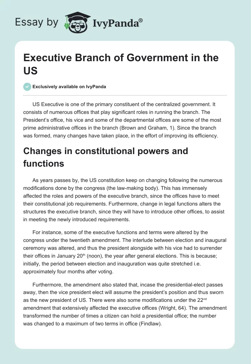 Executive Branch of Government in the US. Page 1