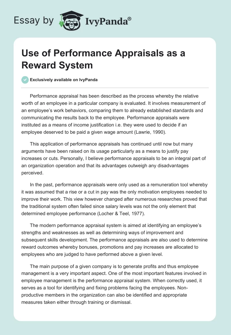 Use of Performance Appraisals as a Reward System. Page 1
