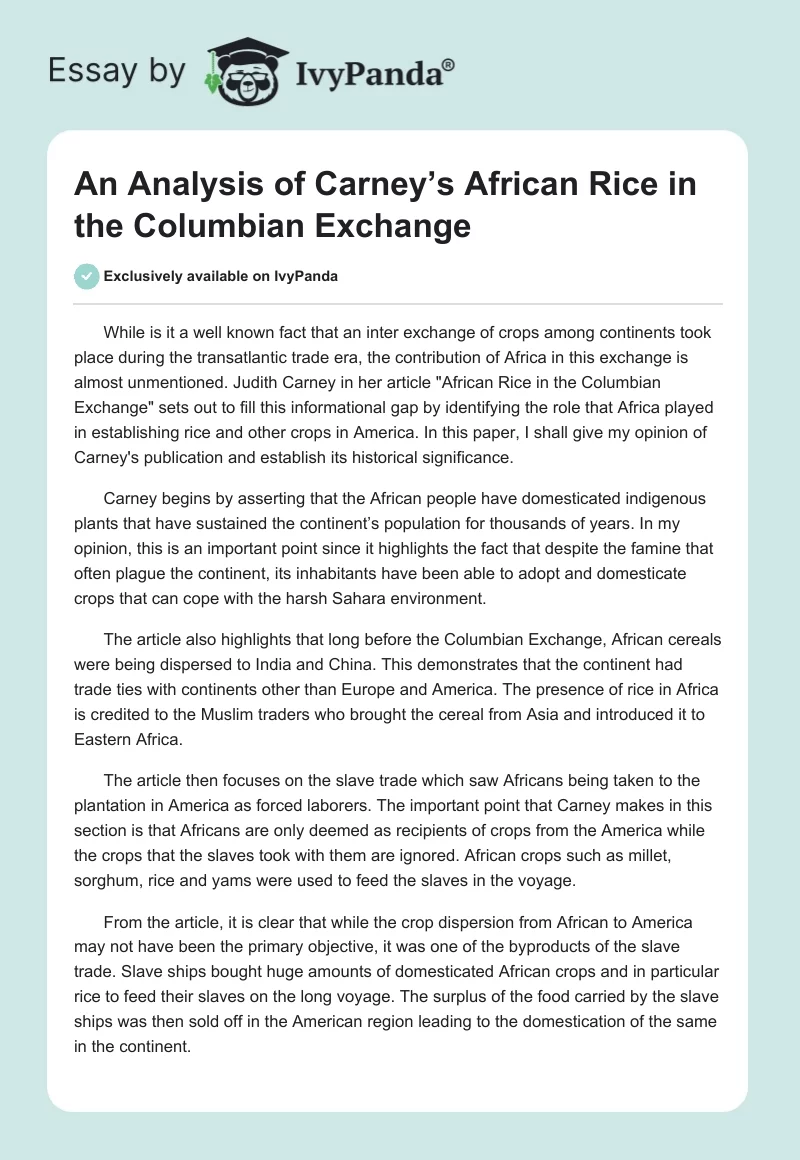 An Analysis of Carney’s "African Rice in the Columbian Exchange". Page 1