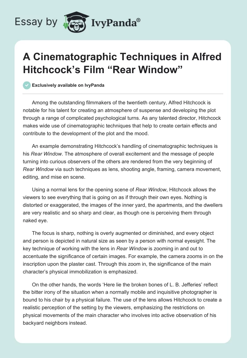A Cinematographic Techniques in Alfred Hitchcock’s Film “Rear Window”. Page 1