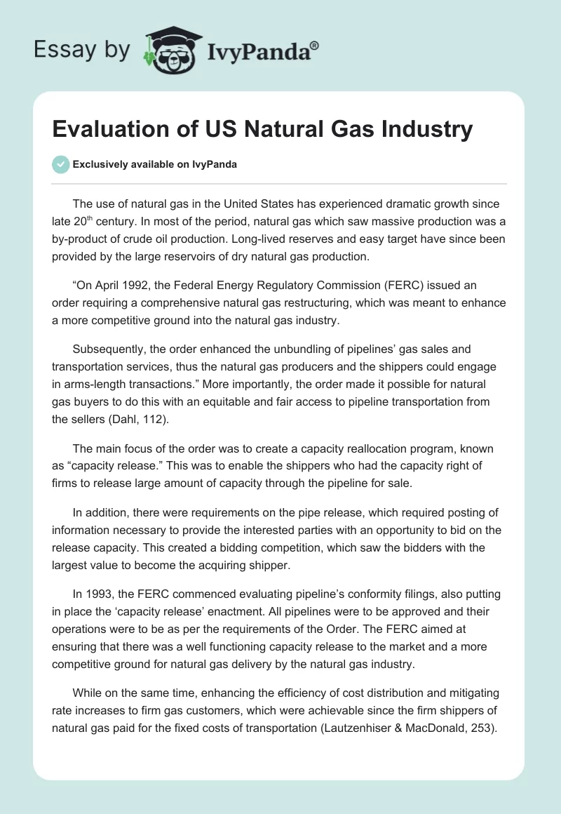 Evaluation of US Natural Gas Industry. Page 1