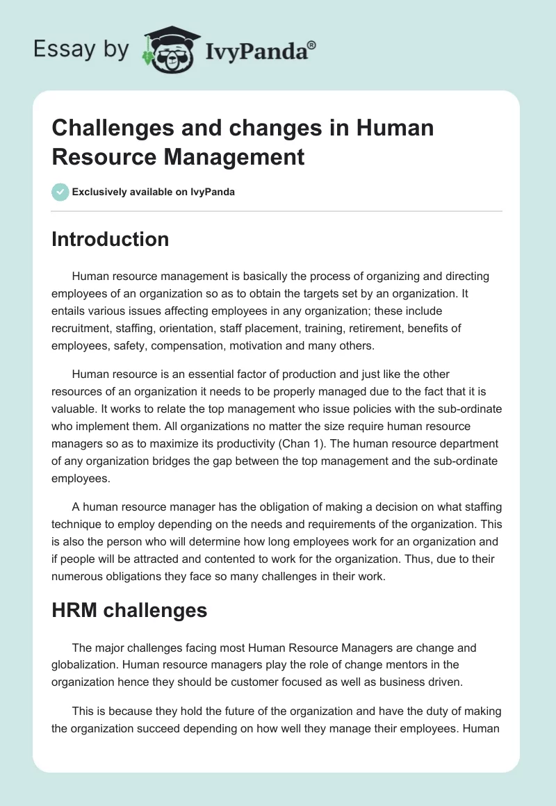 Challenges and Changes in Human Resource Management. Page 1