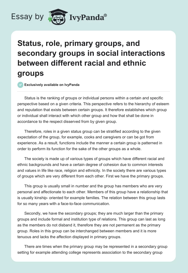 Status, role, primary groups, and secondary groups in social interactions between different racial and ethnic groups. Page 1