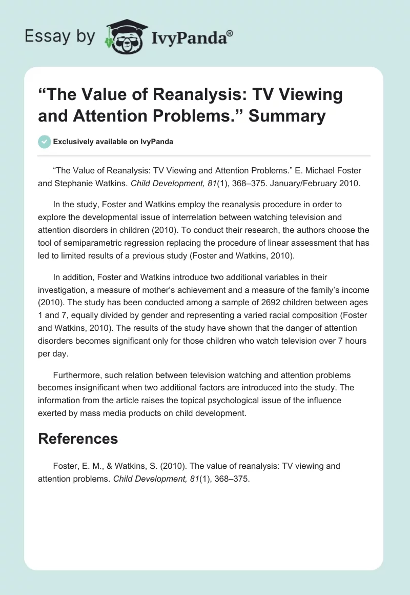 “The Value of Reanalysis: TV Viewing and Attention Problems.” Summary. Page 1
