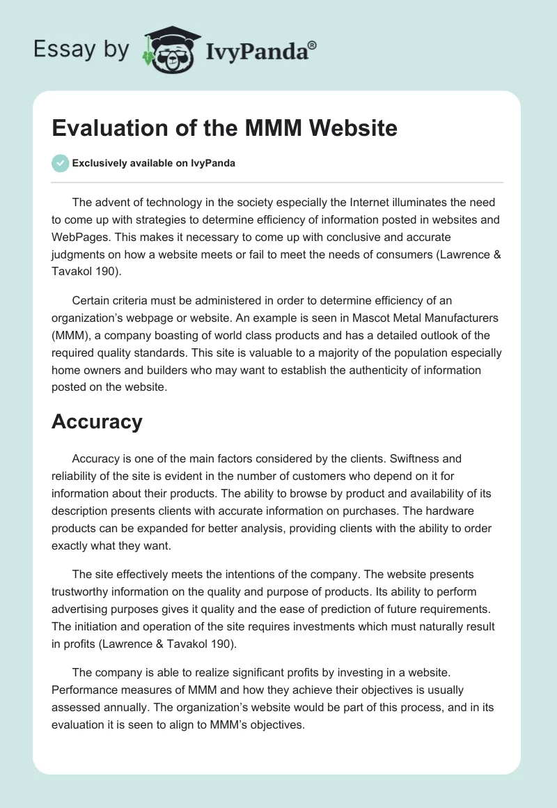 Evaluation of the MMM Website. Page 1