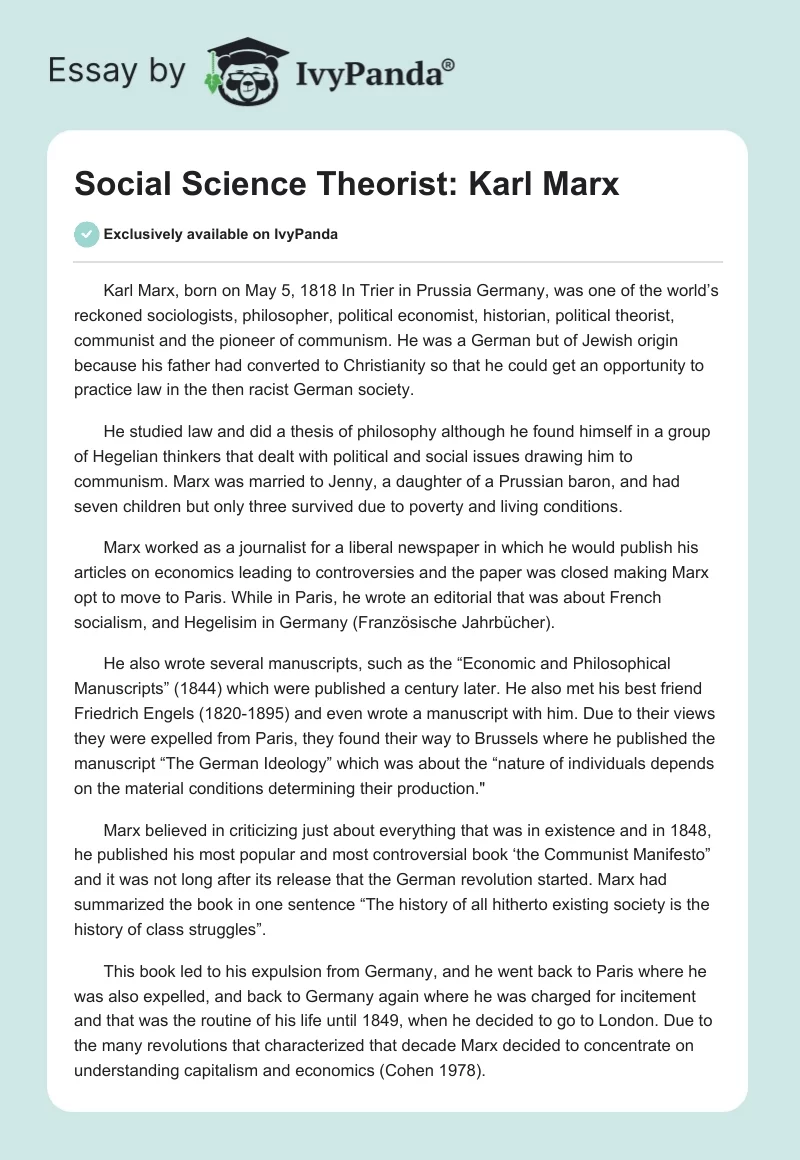 Social Science Theorist: Karl Marx. Page 1