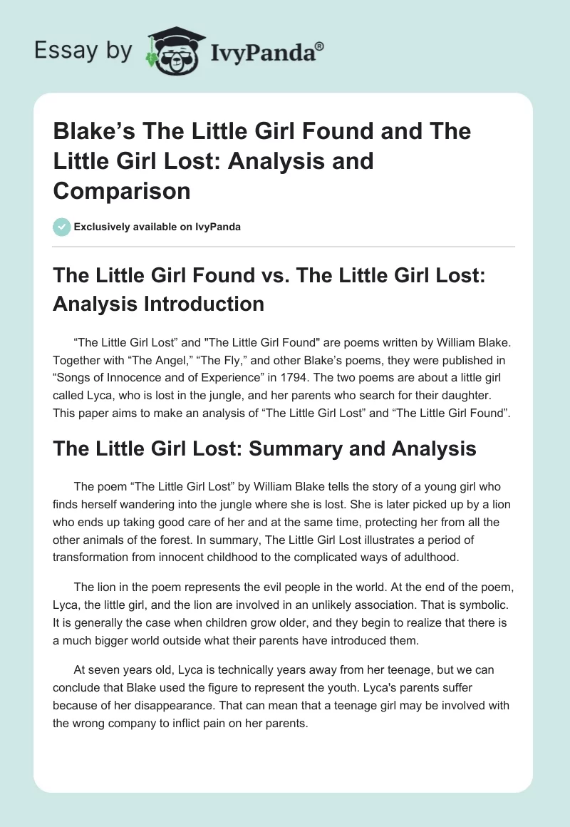 Blake’s The Little Girl Found and The Little Girl Lost: Analysis and Comparison. Page 1