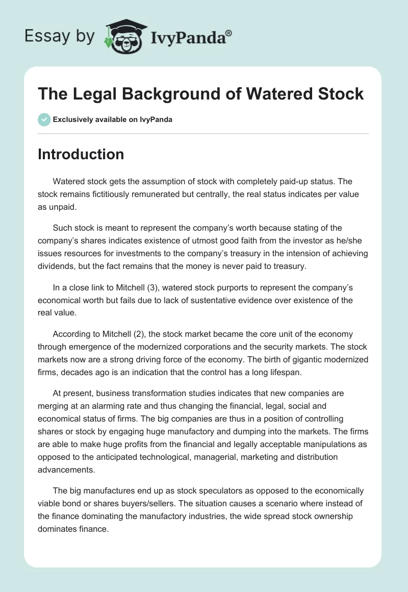 The Legal Background of Watered Stock. Page 1
