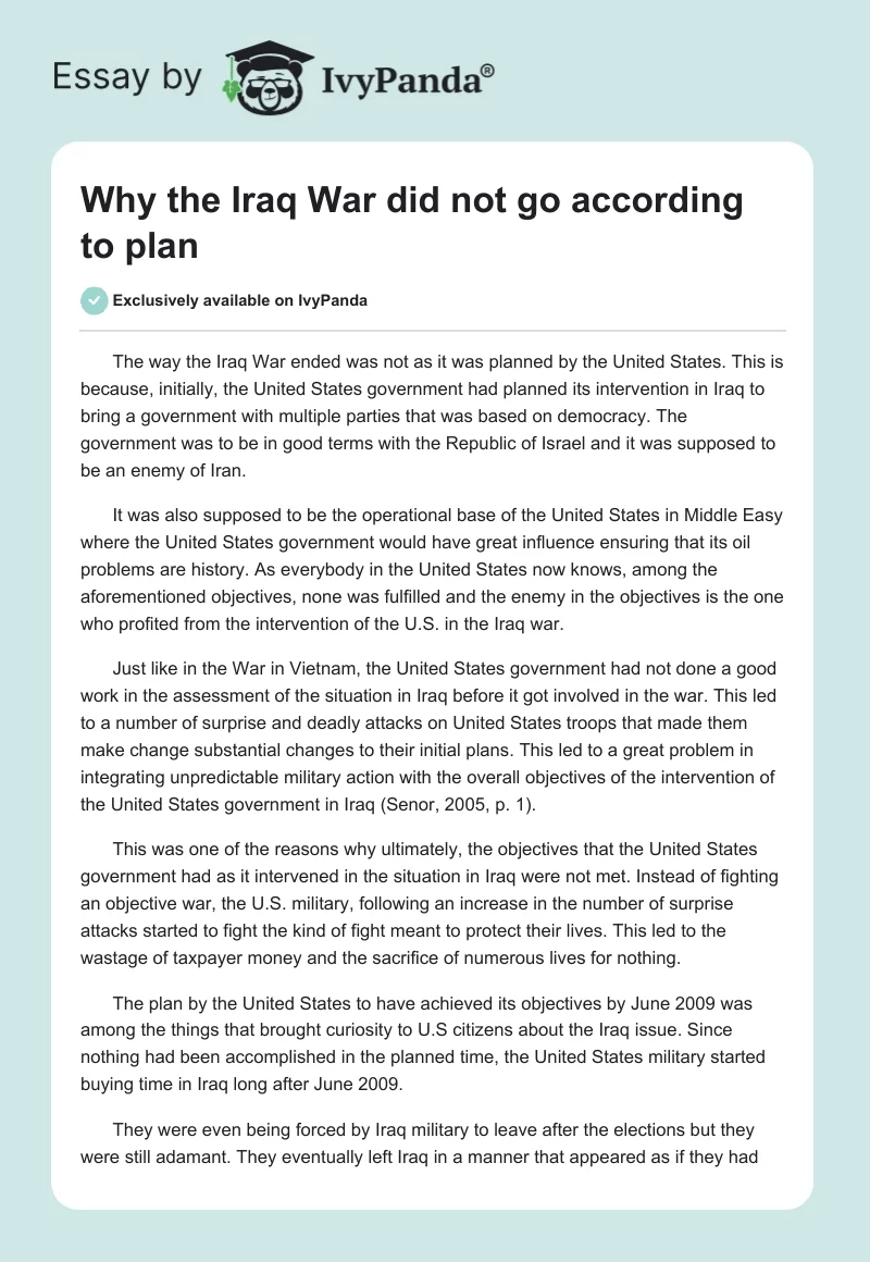 Why the Iraq War Did Not Go According to Plan. Page 1