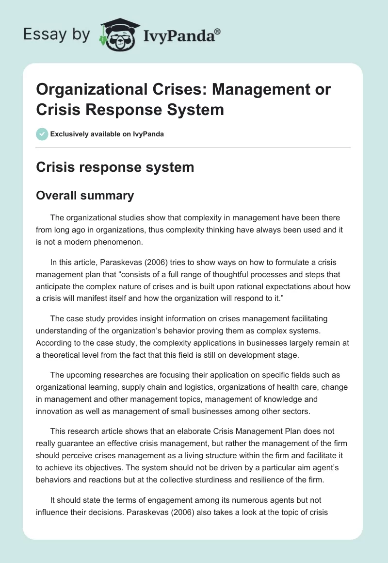 Organizational Crises: Management or Crisis Response System. Page 1