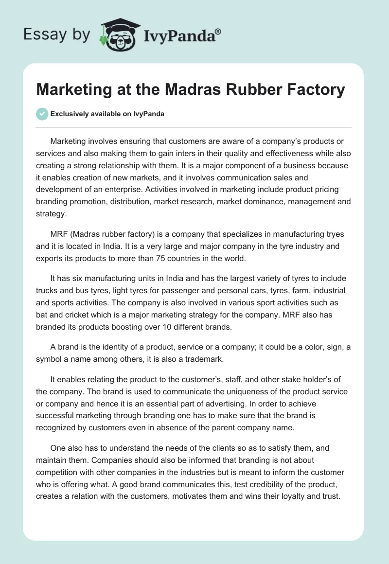 Marketing at the Madras Rubber Factory. Page 1