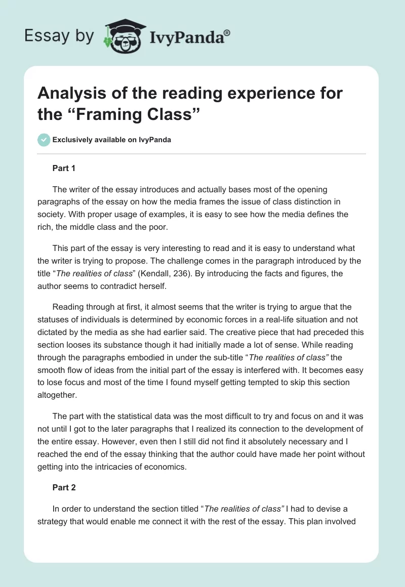Analysis of the reading experience for the “Framing Class”. Page 1