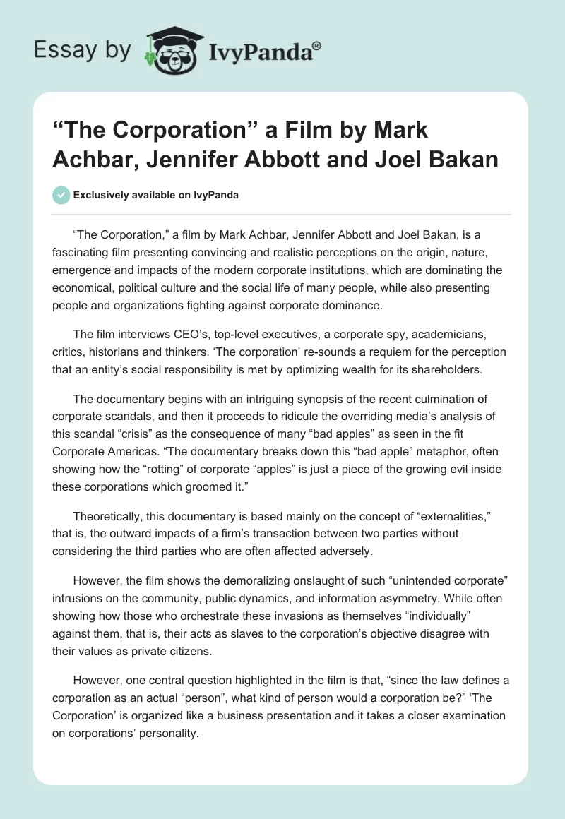 “The Corporation” a Film by Mark Achbar, Jennifer Abbott and Joel Bakan. Page 1
