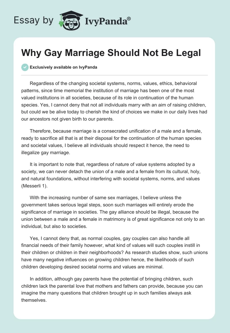 Why Gay Marriage Should Not Be Legal. Page 1