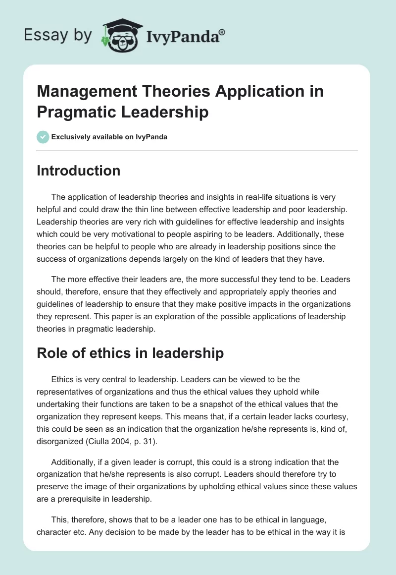 Management Theories Application in Pragmatic Leadership. Page 1