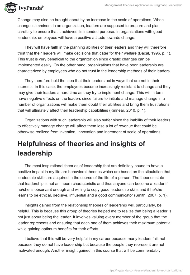 Management Theories Application in Pragmatic Leadership. Page 4