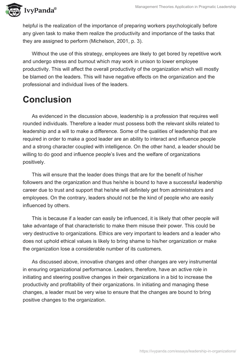 Management Theories Application in Pragmatic Leadership. Page 5