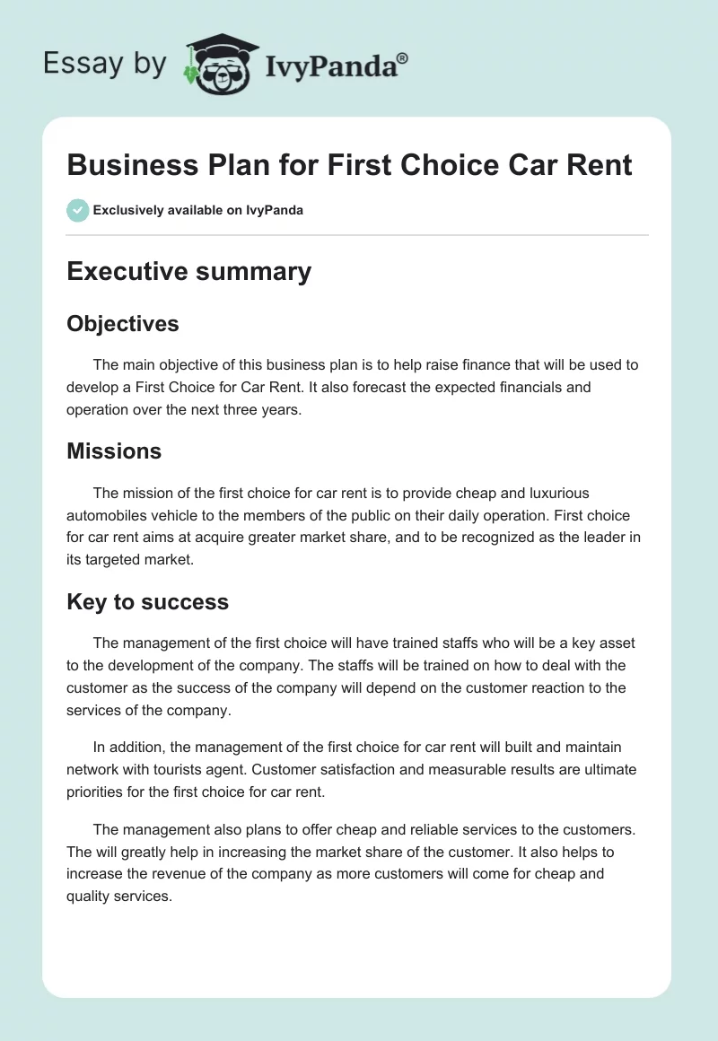 Business Plan for First Choice Car Rent. Page 1