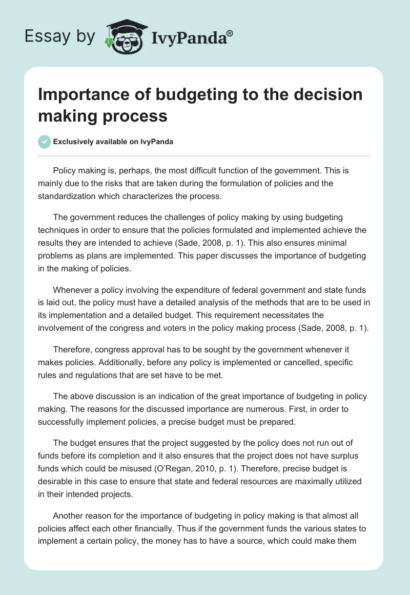 Importance of budgeting to the decision making process. Page 1