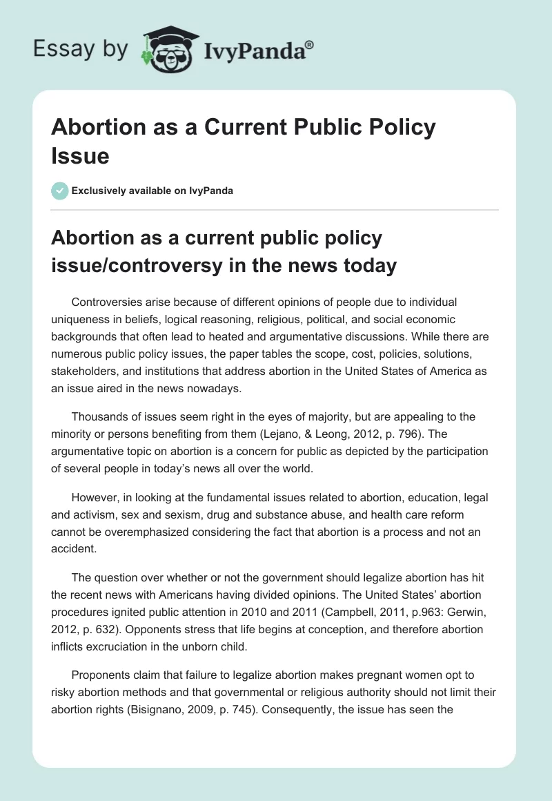Abortion as a Current Public Policy Issue. Page 1