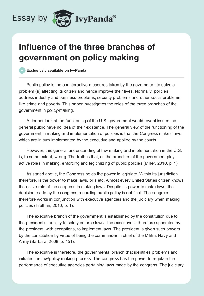 Influence of the three branches of government on policy making. Page 1