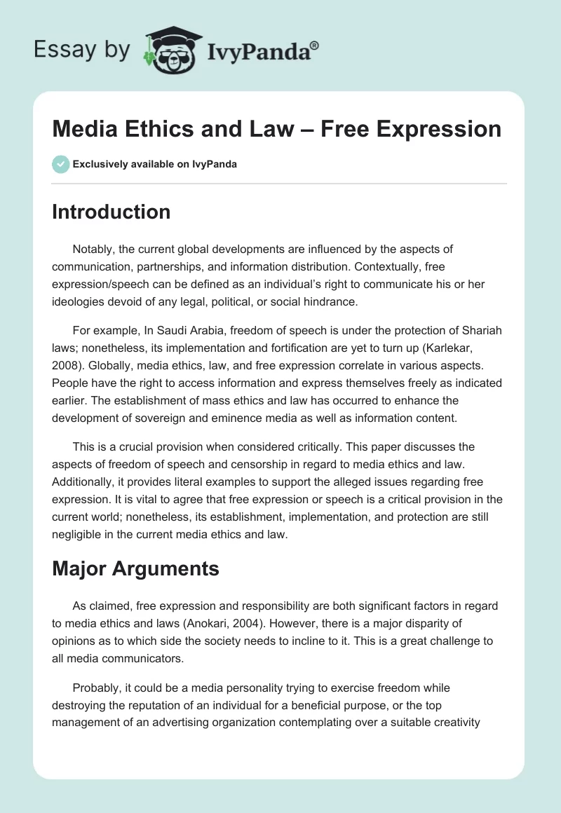 Media Ethics and Law – Free Expression. Page 1