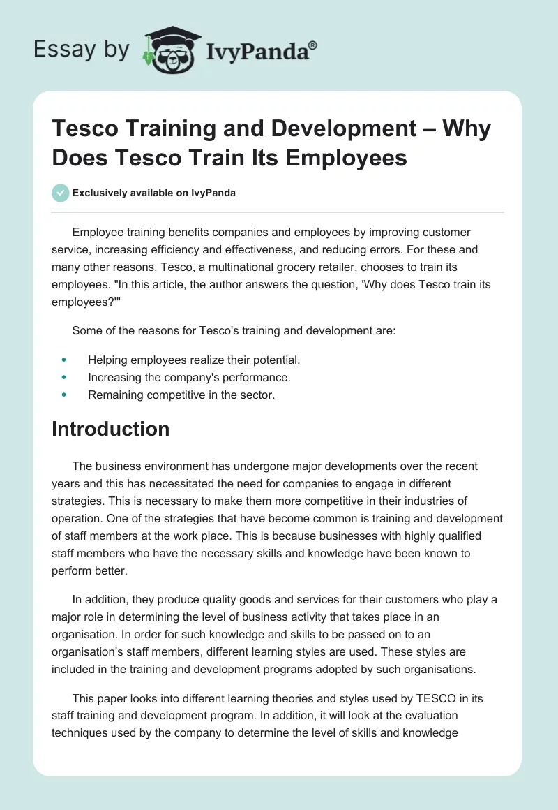 Tesco Training and Development – Why Does Tesco Train Its Employees. Page 1