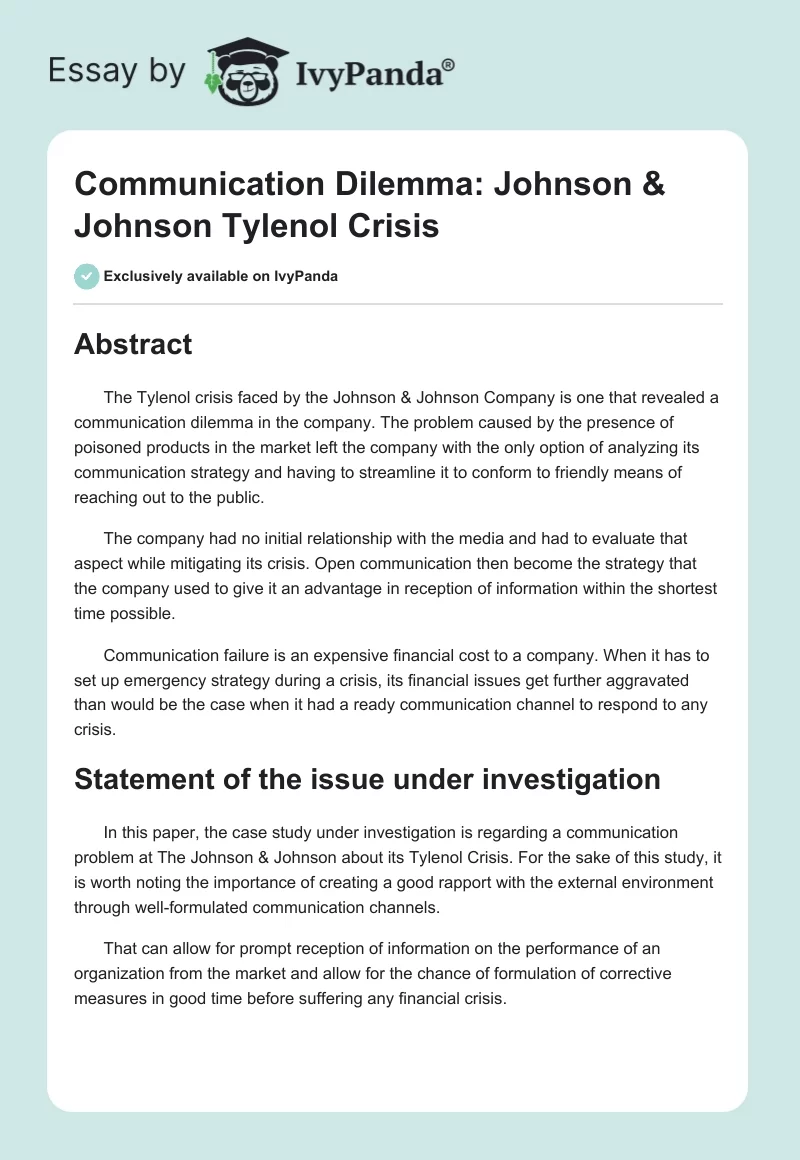 Communication Dilemma: Johnson & Johnson Tylenol Crisis. Page 1