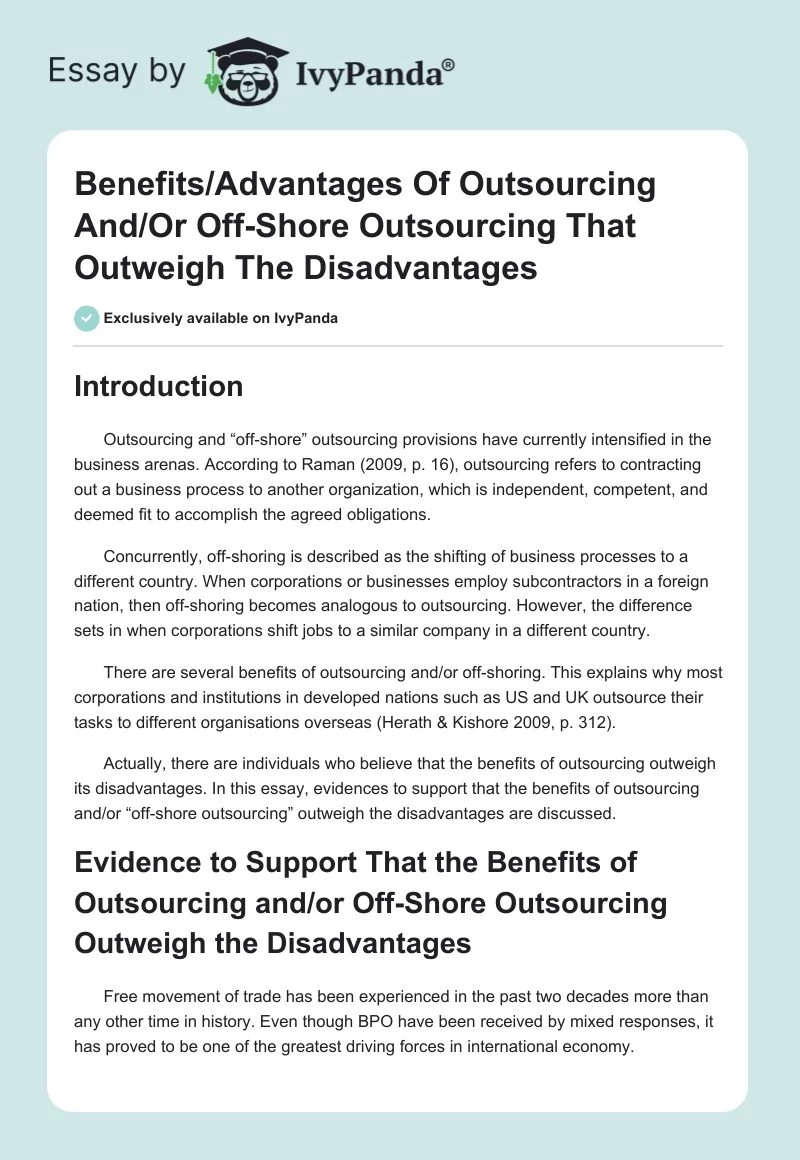 Benefits/Advantages of Outsourcing and/or Off-Shore Outsourcing That Outweigh the Disadvantages. Page 1