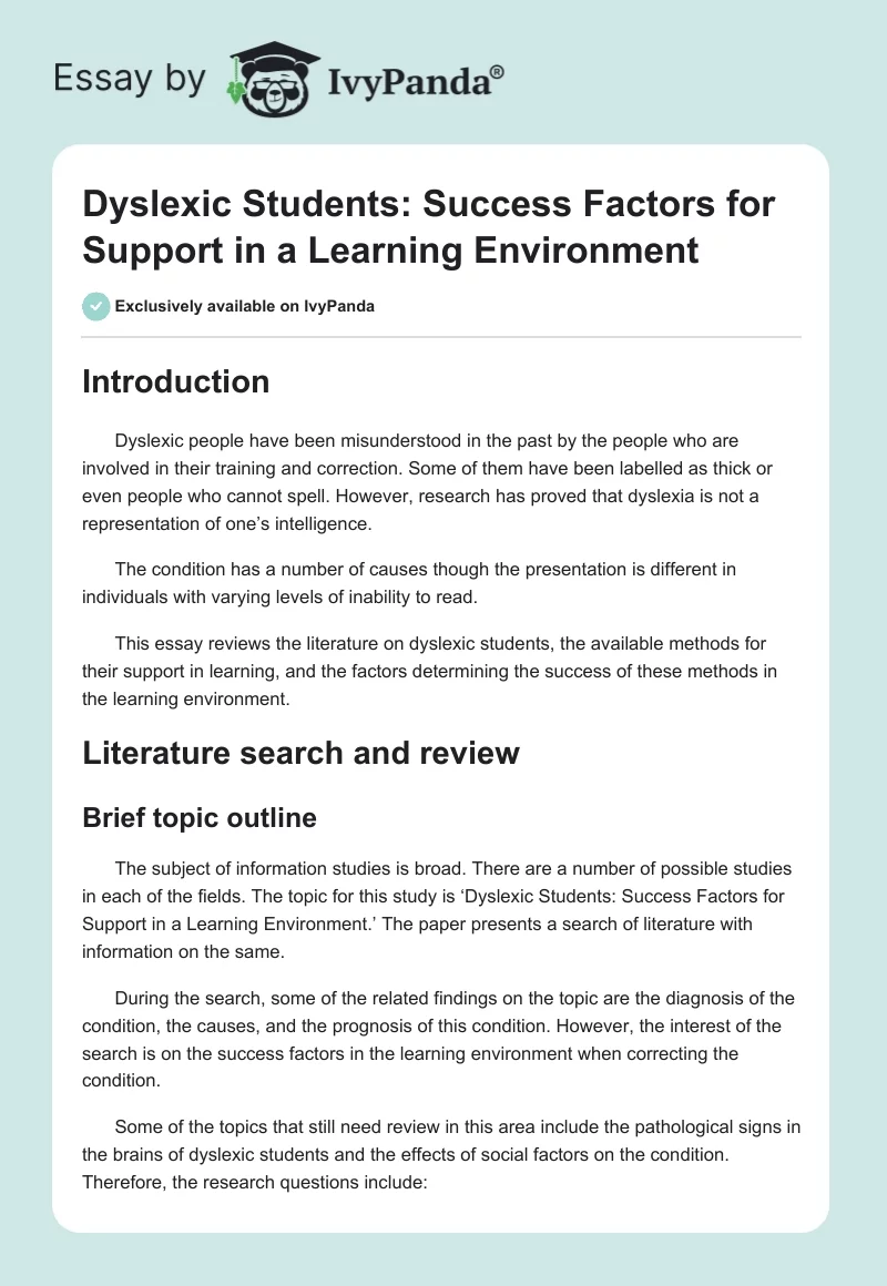 Dyslexic Students: Success Factors for Support in a Learning Environment. Page 1